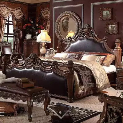 American wood bed 1 8 meters master bedroom deluxe continental bed villa bed customized leather carving zhu zi chuang