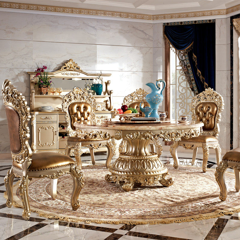 Marble round dining table second floor with turntable dining table dining room furniture 6 people household round table European dining table and chair combination