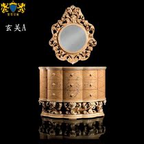 European-style porch cabinet luxury solid wood carved porch table storage door Hall Cabinet French palace wall mirror porch