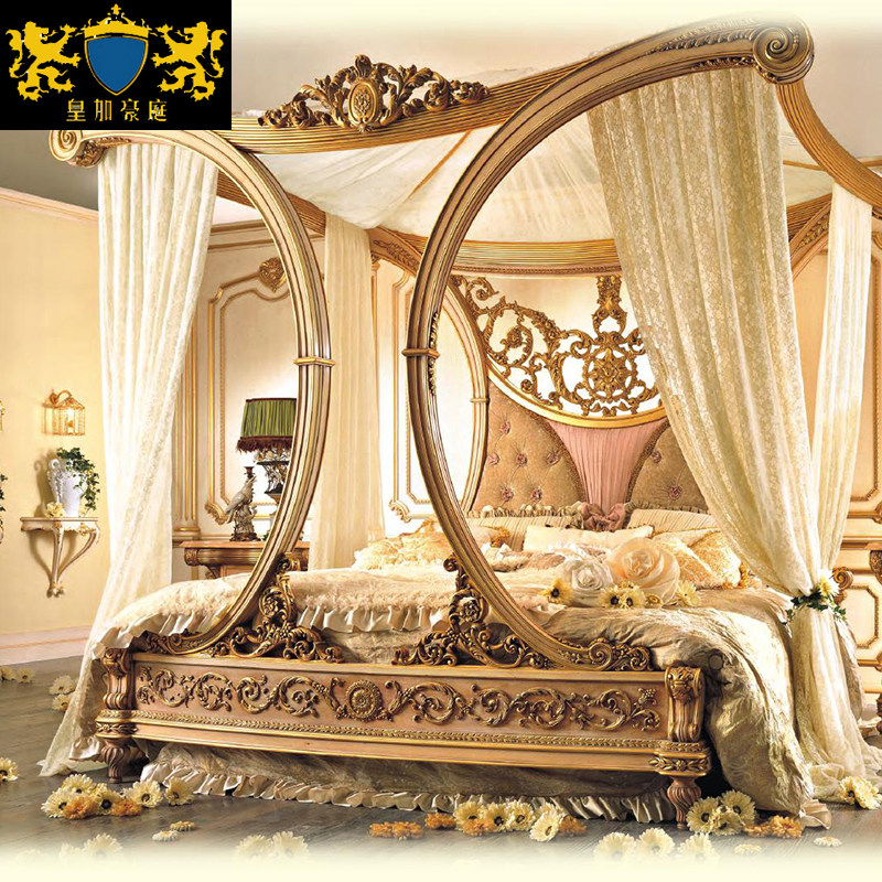 European villa palace shelf bed double bed French solid wood carved furniture with bed mantle master bedroom custom wedding