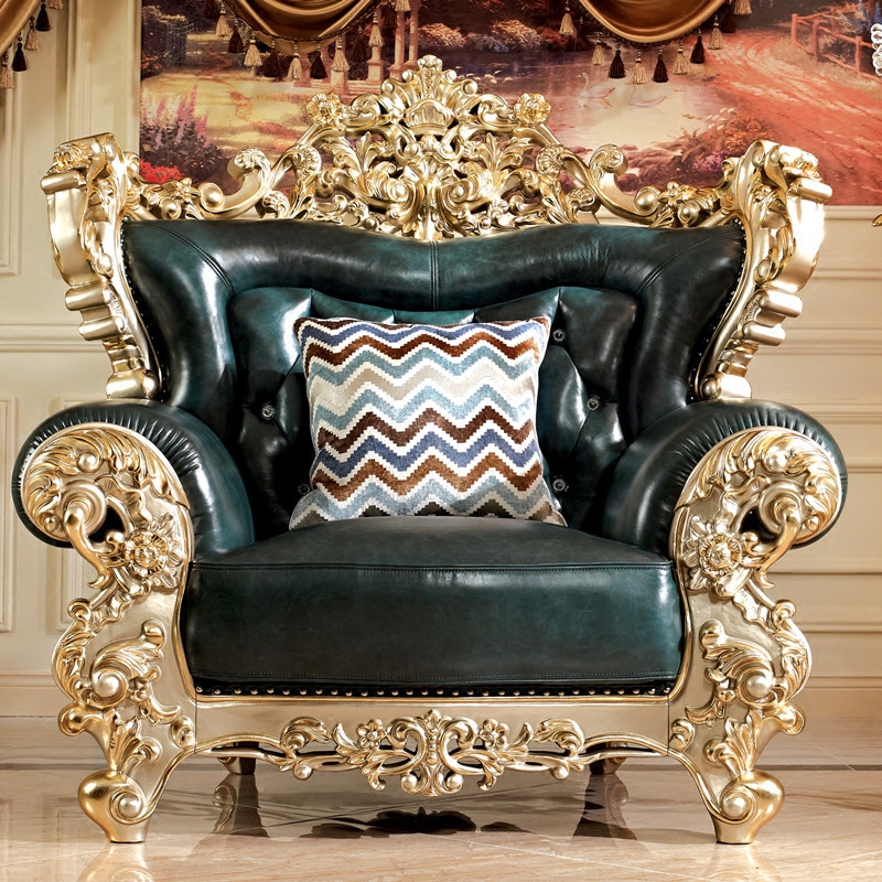 Solid wood sofas combined 123 Living room furniture Sofa Tea Table Suit Luxurious Sculpted Flowers Real Leather Sofa Ostyle Sofa