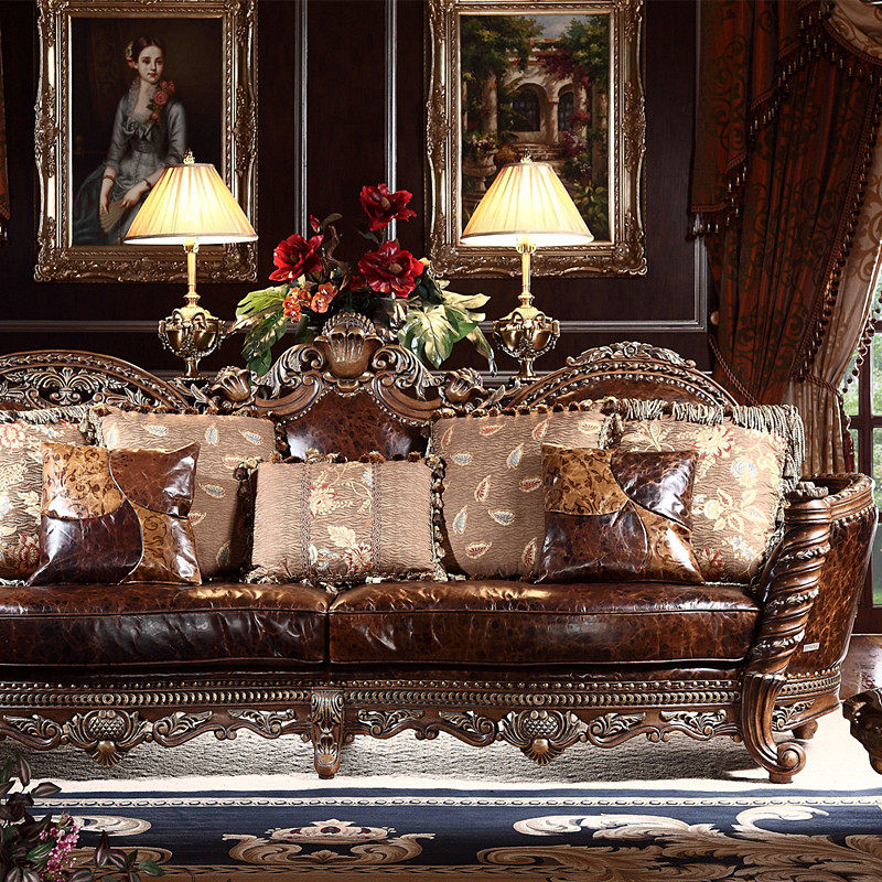 Eurostyle real leather sofa Living room full 123 Composition lavish American furniture Wood engraving retro woody sofa