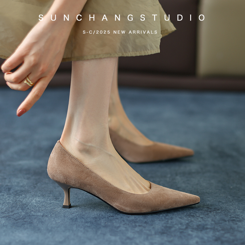 Sheepskin! Genuine Leather Pointed Toe Matte Nude Kitten Heel Stiletto High Heels for Women, Spring and Autumn Shallow Mouth Single Shoes, Large Size 4142