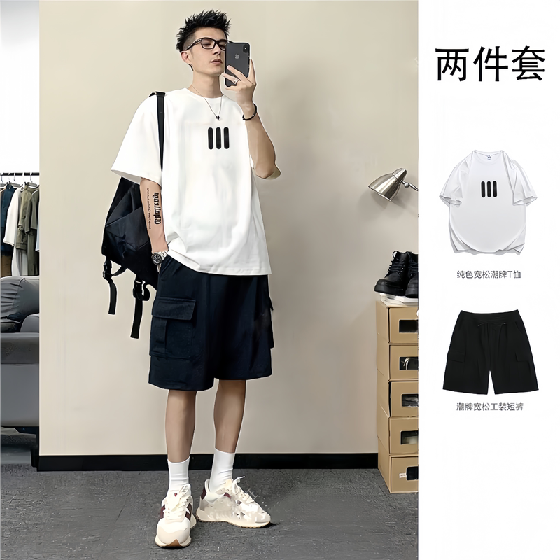 Trendy Casual Suit for Men, Summer Short-Sleeved T-Shirt Two-Piece Set, Trendy Loose Cargo Shorts, Sporty and Cool Outfit Trendy Casual Suit for Men, Summer Short-Sleeved T-Shirt Two-Piece Set, Trendy Loose Cargo Shorts, Sporty and Cool Outfit