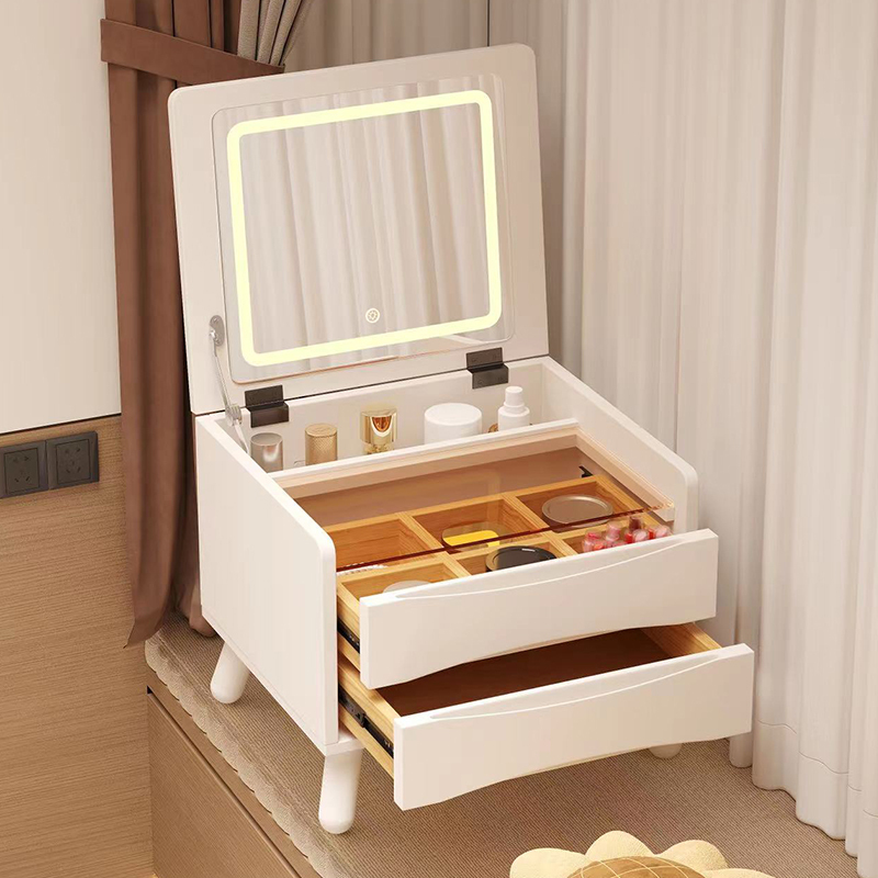 Specialized Vanity Table with Lights for Bay Windows, Cream-Style White Solid Wood Dressing Table, Modern Minimalist Small Apartment Storage Cabinet