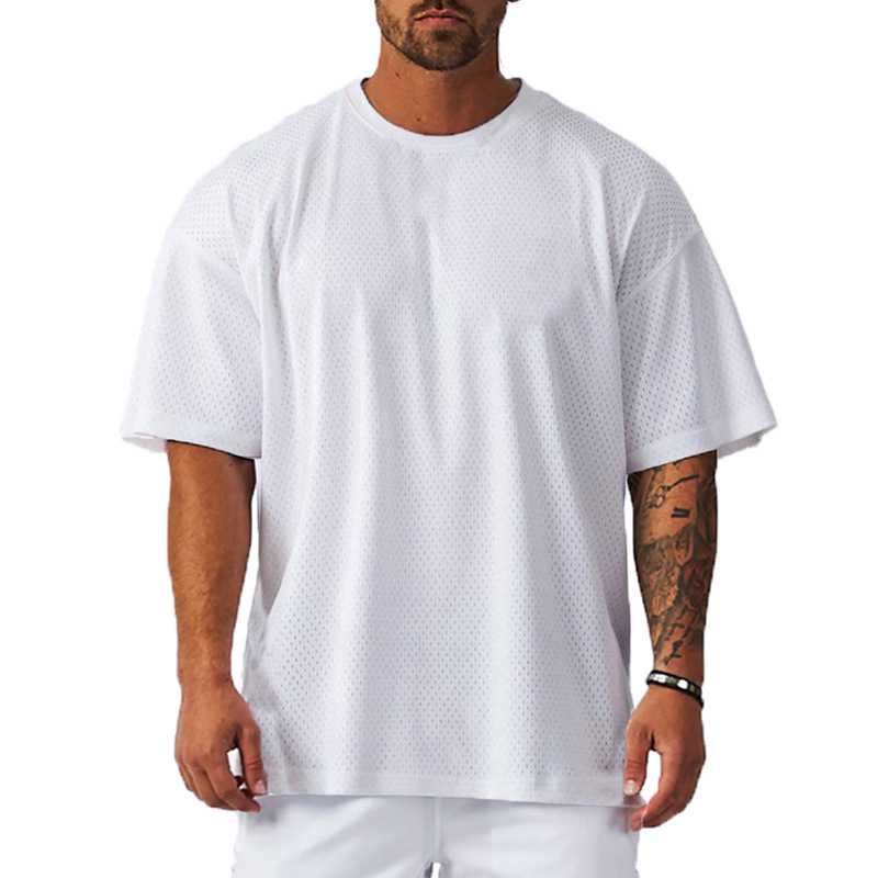 Plus Size Oversized Drop Shoulder Loose Large Mesh Half-Sleeve T-Shirt for Men, Bodybuilding Fitness Solid Color Short Sleeve