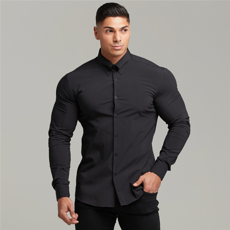 Sports Muscle Men's Shirt, Fitness High-Elasticity, Non-See-Through, No-Iron, Slim-Fit Suit Shirt, Long-Sleeved Inner Wear for Spring and Autumn Sports Muscle Men's Shirt, Fitness High-Elasticity, Non-See-Through, No-Iron, Slim-Fit Suit Shirt, Long-Sleeved Inner Wear for Spring and Autumn