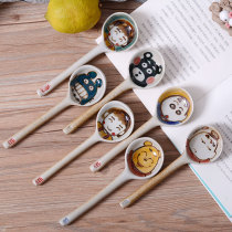 Creative hand-painted cartoon ceramic spoon personality long handle home spoon Chinchen small new Japanese drink spoon eating spoon