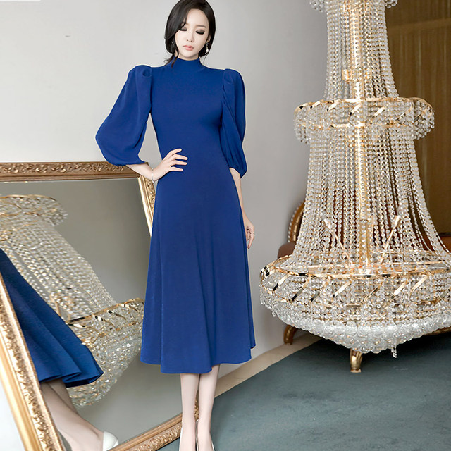 Blue long skirt dress spring and autumn 2023 women's new puff sleeve French slim high collar fashion hip width