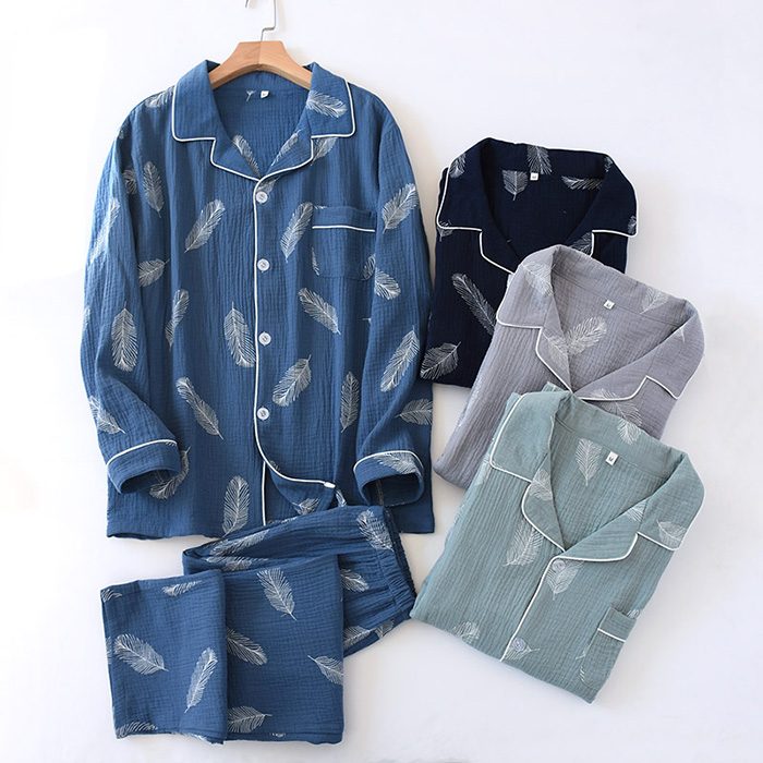 Japanese washed cotton gauze pajamas men's spring and summer cotton long sleeve cardigan lapel crepe home clothing thin