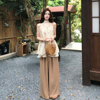 Li xin ຂອງ muzi li ແບບຈີນ lazy style versatility ກາງເກງຂາກວ້າງ drape ວ່າງ casual trousers ແອວສູງຂອງແມ່ຍິງ summer ແບບບາງໆ
