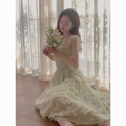 Summer Korean version of sweet green suit for women with small flying sleeves and bow straps sleeveless vest ແອວສູງ pleated skirt