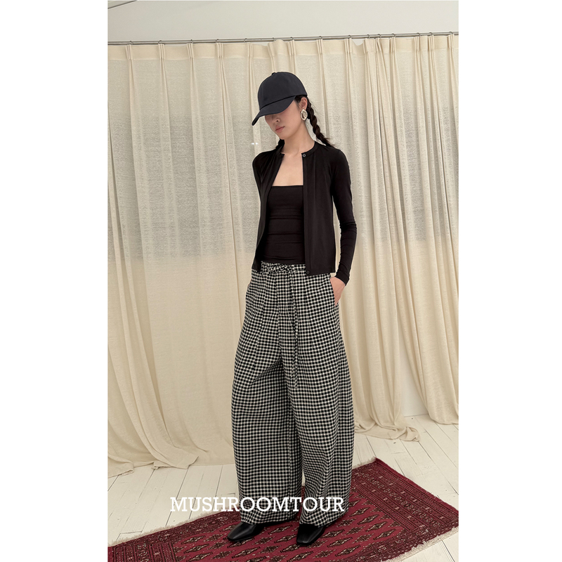 Mushroom Tour Retro Black and White Checkered Wide-Leg Pants, Drapey, Slimming, Loose Casual Plaid Trousers