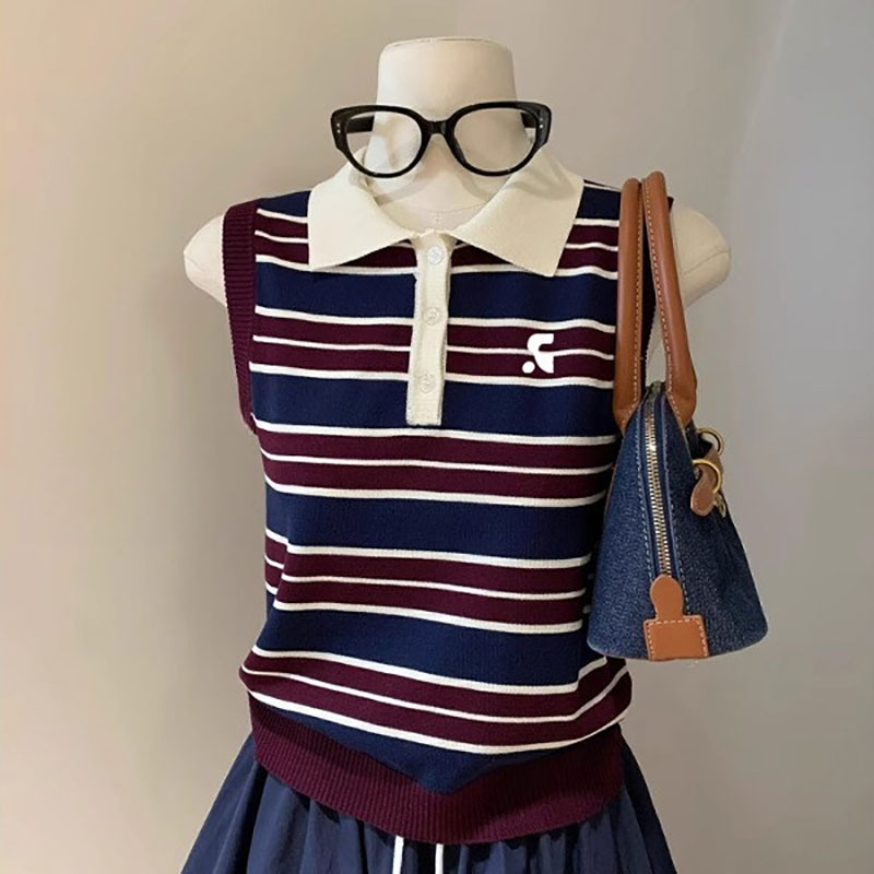 Official Genuine Rr Vephf Millennial Hot Girl Polo Collar Striped Knit Vest for Women, Niche Button-Up Sleeveless Cardigan