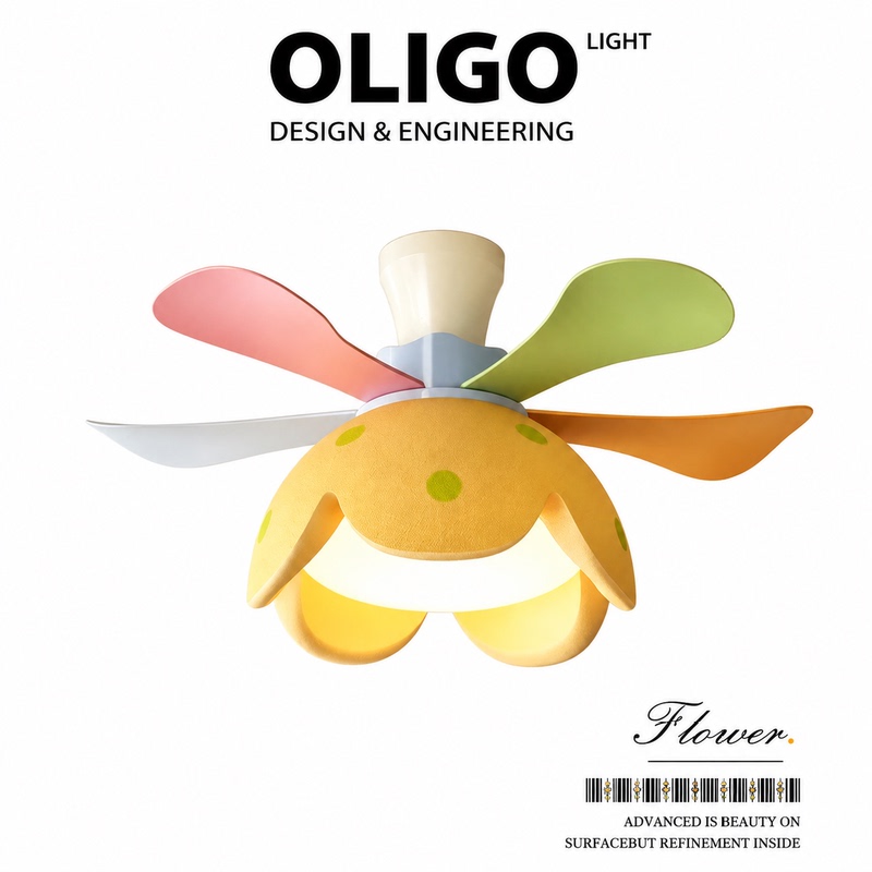 Oligo Little Yellow Flower Children's Room Fan Lamp Cartoon Cute Eye Protection Boys and Girls Bedroom Room Straight Blade Fan Lamp