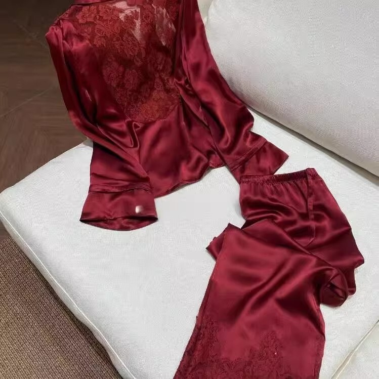 Uk Cue Kiss 2026 New Ice Silk Satin Pajamas for Women, Spring and Autumn Red Zodiac Year Women's Hollow-Out Loungewear