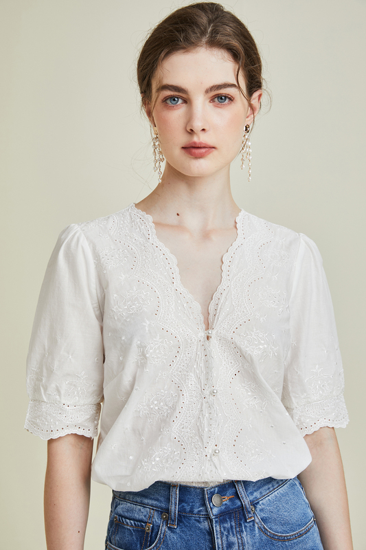 [in Stock] French-Style Niche Summer White Lace Embroidered Elegant V-Neck Short-Sleeve Shirt Top White