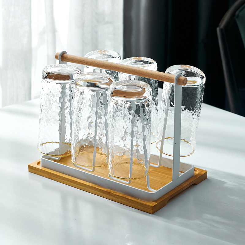 6 Phnom Penh Cup, White Cup Holder, Small Tray & Cup Brushhousehold Glass water set suit Simplicity Northern Europe pot  heat-resisting Hammer pattern flower receptacle 6 Only install With tray Cup holder