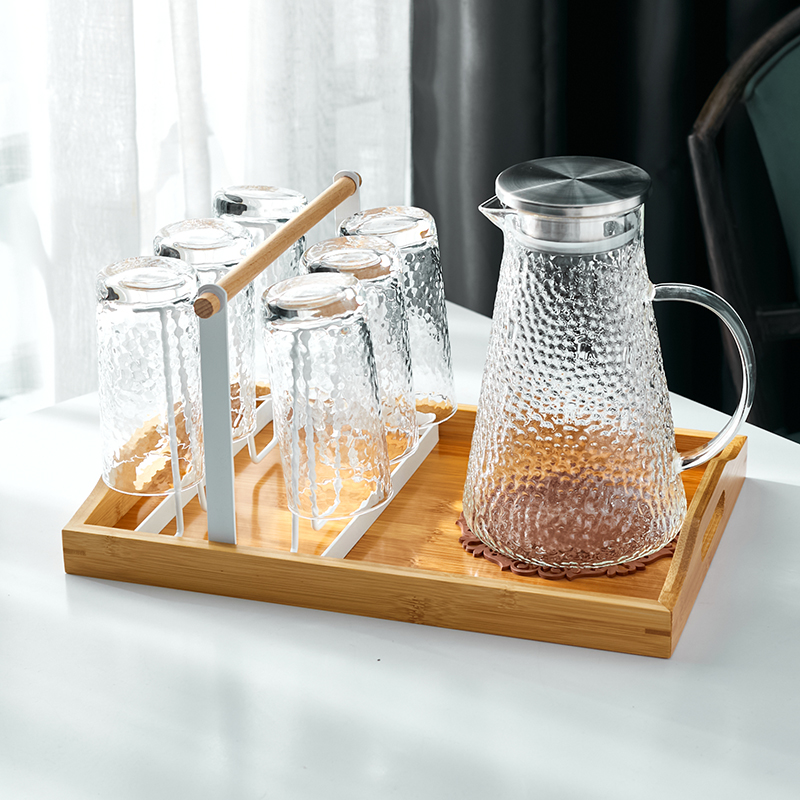 1 Steel Lid Pot 1 Large Tray 1 White Cup Holder 6 Transparent Cup & Pot Feeding Pad + Cup Brushhousehold Glass water set suit Simplicity Northern Europe pot  heat-resisting Hammer pattern flower receptacle 6 Only install With tray Cup holder