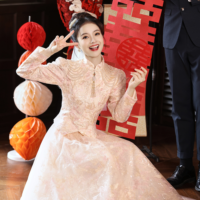 Pink Cheongsam Toast Dress 2026 New Style Bride Xiuhe Dress Long-Sleeved New Chinese Style Engagement Wedding Dress for Women Homecoming