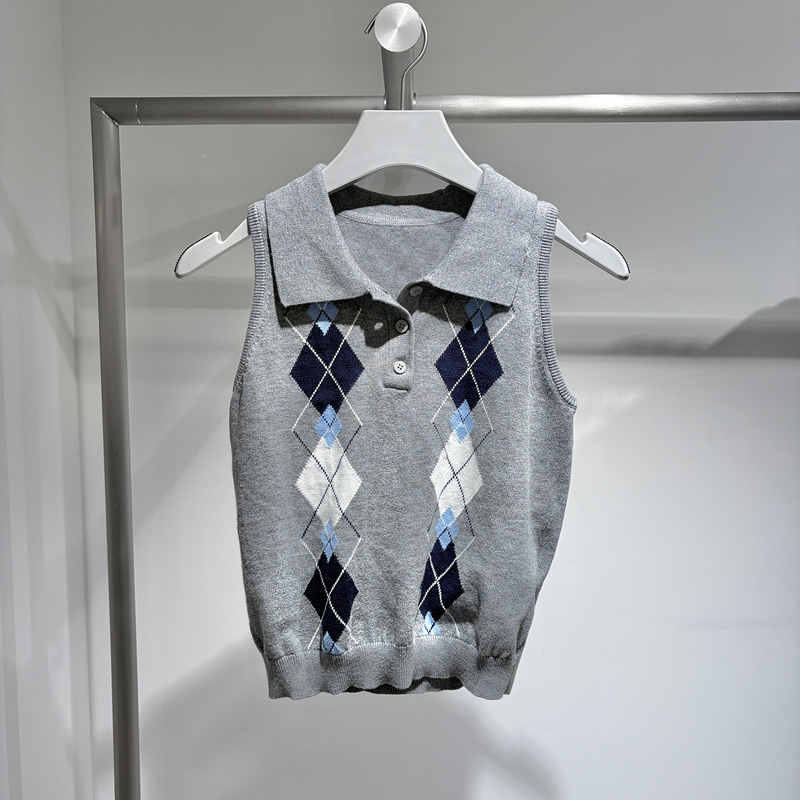 Ur&Dc Women's Spring and Summer New Casual Color-Blocked Quilted Short Top with Lapel Sleeveless Short Knit Top ins