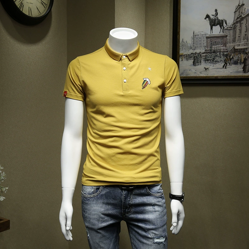 Vàng polo nam thời trang mới năm cánh sao thêu ve áo T-shirt thanh niên xu hướng mỏng nam giản dị mùa hè - Polo