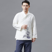 Chinese style improved Hanfu mens jacket retro diagonal embroidered tea clothing Chinese style cotton linen clothing national clothing