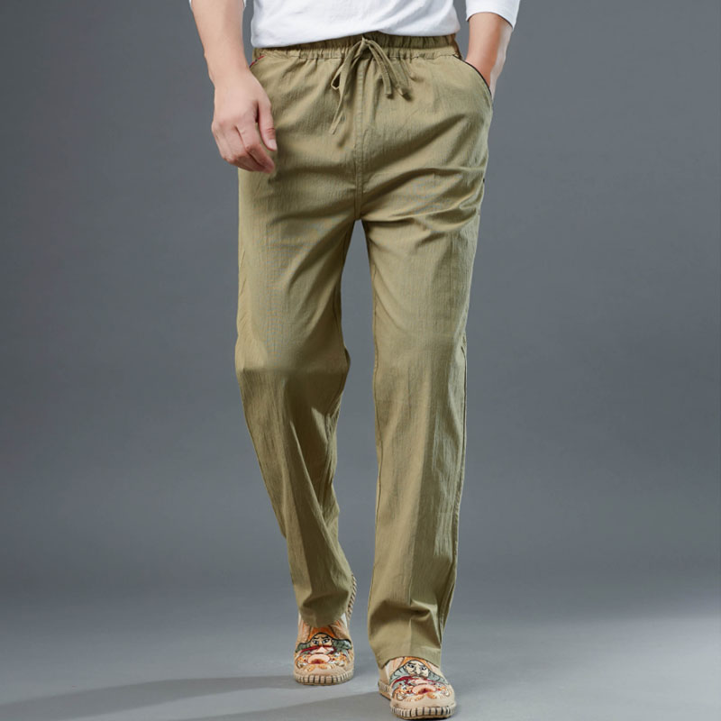 Chinese men's cotton linen casual long pants retro comfort Breathable Residence Zen Tea Pants Tightness Waist Draw Rope Straight Drum Pants