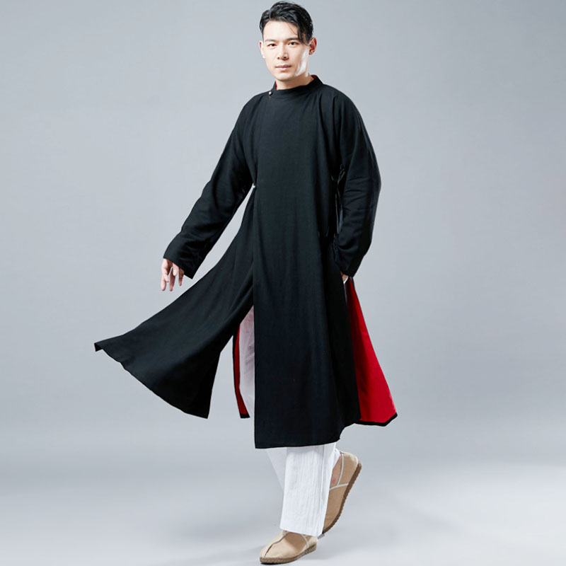 Chinese Wind Men's Clothing Linen Brooded Cardioveryurai Chinese gown gowns gowns gowns The long version of the meditation tea caveat in the middle of a long version of the gowns