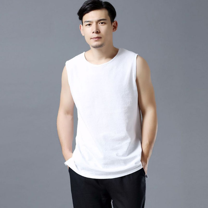 Summer Pure White Round Collar Men's Clothing Sweatshirt Cotton Linen Art Minimalist Sleeveless T-shirt Loose large size Shoulder Vest
