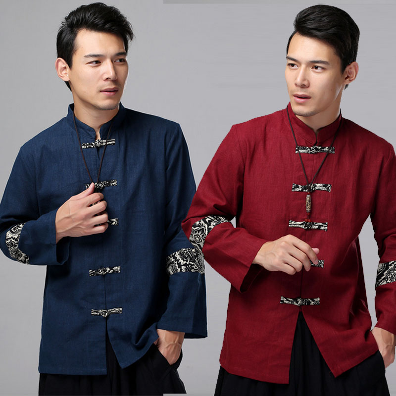 Linen top men's Chinese style autumn and winter short coat Tang suit stand collar plate button ethnic clothing Chinese style Hanfu Zhongshan suit