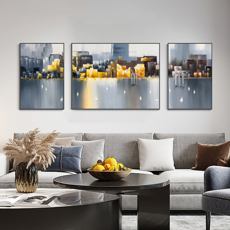 Simple modern living room decorative painting triple combination sofa background wall mural urban architectural landscape hanging painting city