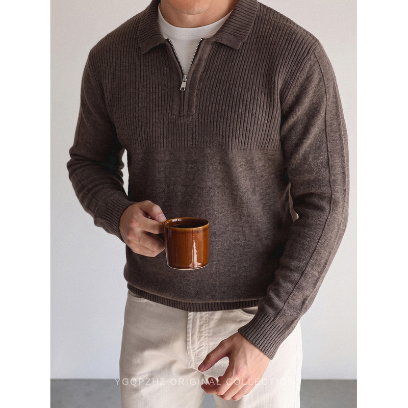 Cigar Brown Coffee Color Old Money Style High-Density Acrylic Yarn Blend Polo Collar Sweater Men's Knitwear Autumn Casual Top Cigar Brown Coffee Color Old Money Style High-Density Acrylic Yarn Blend Polo Collar Sweater Men's Knitwear Autumn Casual Top