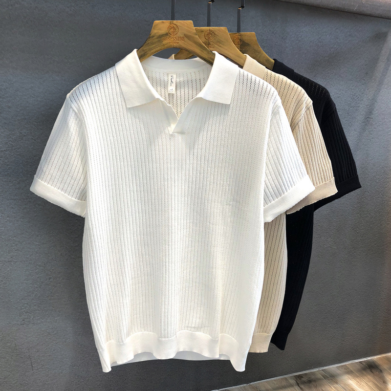 Ivory White Comfortable Ice Silk Hollow Pattern Knitted Short-Sleeved Polo Shirt for Men 2026 Summer Lapel T-Shirt for Men