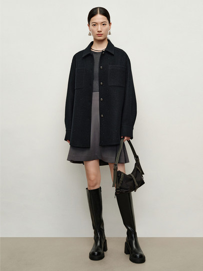 玖姿安娜蔻Bling亮片毛呢羊毛落肩宽松衬衫式外套女2024秋季