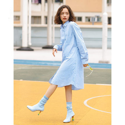 ANNAKRO安娜蔻2018秋新款浅蓝色条纹衬衫