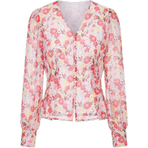Jiuzi Annako temperament French pastoral X-shaped waist cut chiffon printed long-sleeved top for women autumn new style