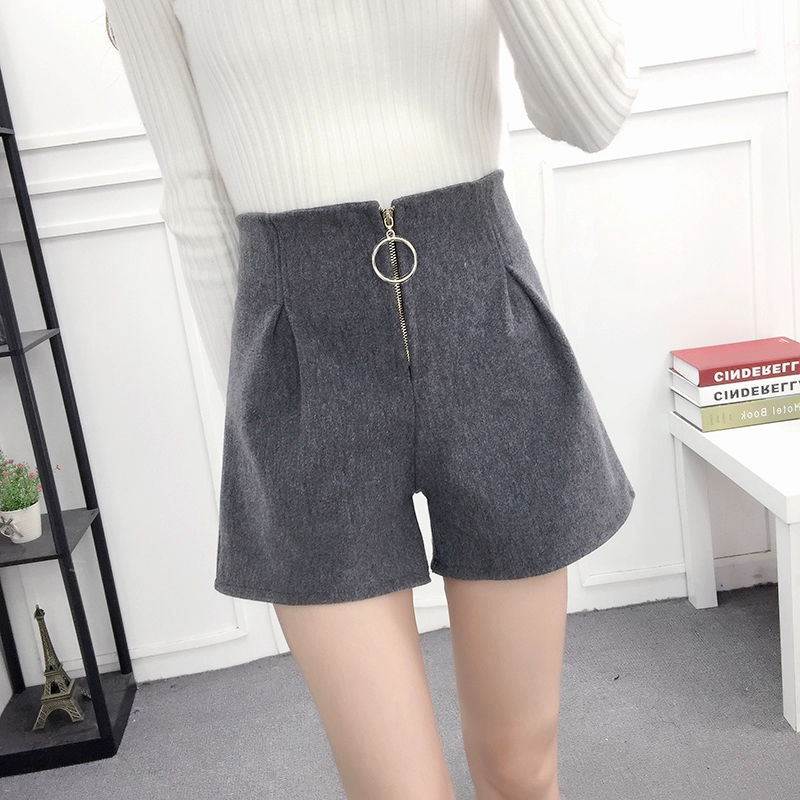 Quần short nữ mùa thu đông 2018 mới một từ giản dị quần ống rộng cạp cao eo cao quần rộng bên ngoài mặc quần short len ​​nữ bộ đồ mặc nhà mùa hè
