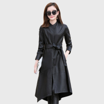  Fashion leather womens mid-length temperament slim-fit tide 2020 autumn new lace-up waist piu leather windbreaker jacket