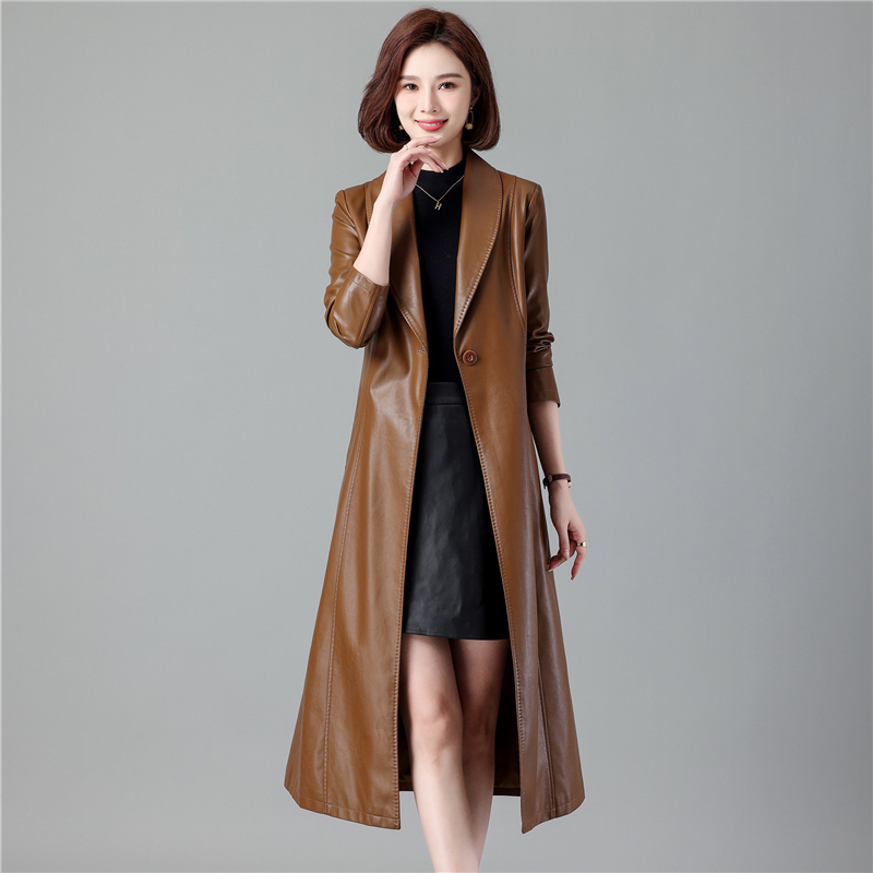 Women's Leather Trench Coat, Mid-Length, Waist-Cinching, 2025 Autumn and Winter New Style, Popular Leather Coat, Thickened with Cotton, Long Leather Jacket