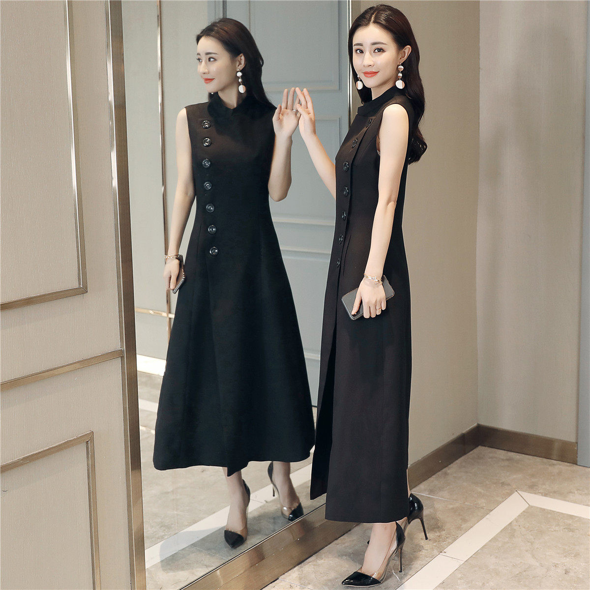 Long Horse Chia Skirt Woman's Knee Conspicuy Spring Autumn Season New 202 Temperamental Commuter Woman's Sleeveless Foreign Dress