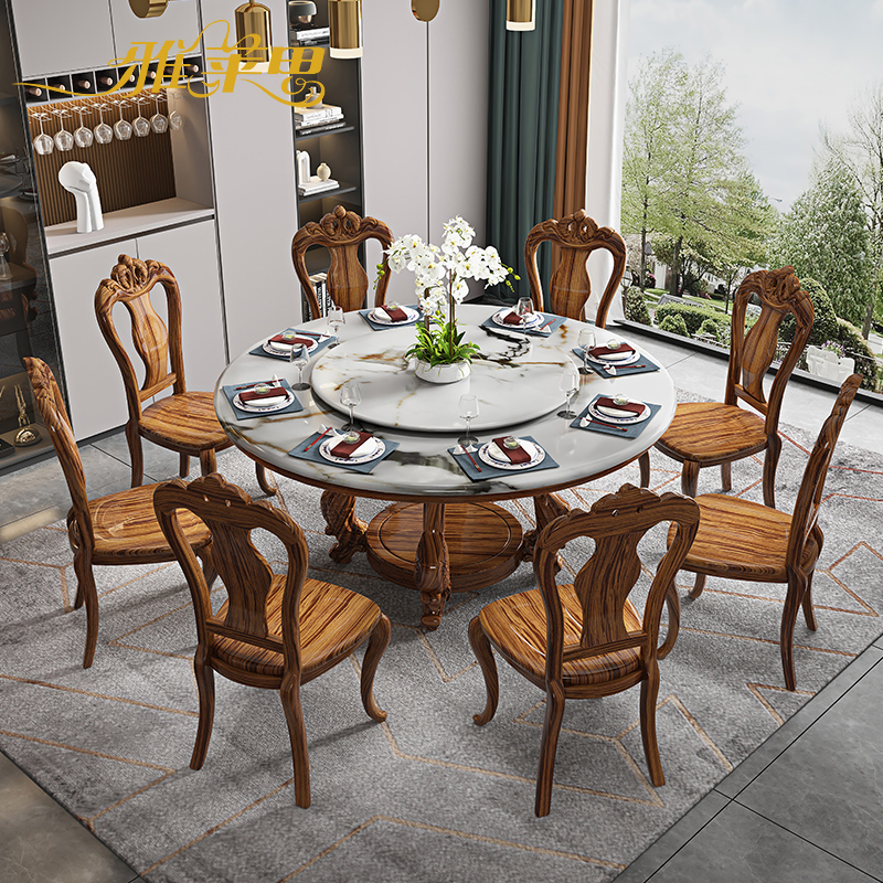 New Chinese solid wood dining table and chairs combined marble facing round table light extravagant modern European style dining table round home dining table-Taobao