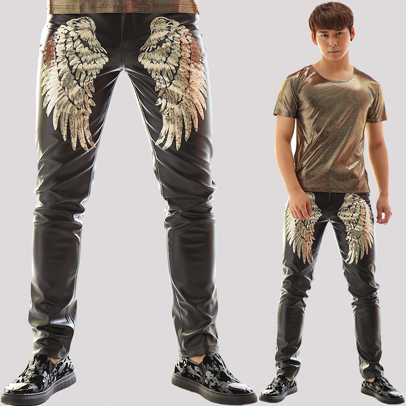 Rock & Roll Clothing DS Fixed Punk Groups Nightclub DJ Show Men Singer Night Shop Feather Pu-Leather Pants