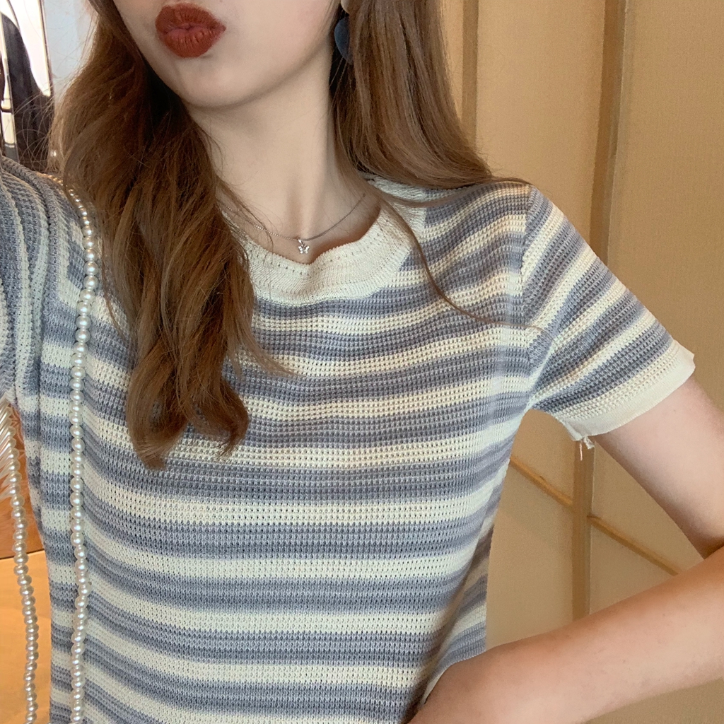 VK旗艦店 韓系條紋仙女小香風淑女針織短袖洋裝