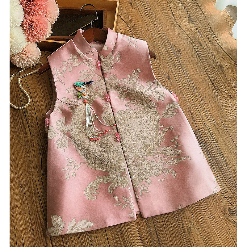 Chinese Fengxiang Vertical Vertical Tangoo Costume Senior Heavy Industry Phoenix Embroidery Pink Lady Bangrobe Top Tide