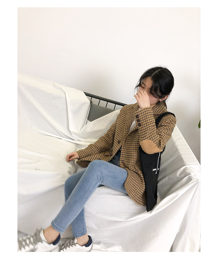 Black Knight Shen Shijing với áo khoác len kẻ sọc retro phiên bản Hàn Quốc của bộ đồ nữ măng tô nữ
