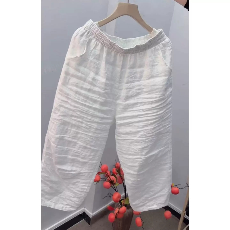 White Simple Eight-Point Linen Casual Pants for Women, Summer Thin New Style, Plus Size, Slimming, Age-Reducing Wide-Leg Pants White Simple Eight-Point Linen Casual Pants for Women, Summer Thin New Style, Plus Size, Slimming, Age-Reducing Wide-Leg Pants