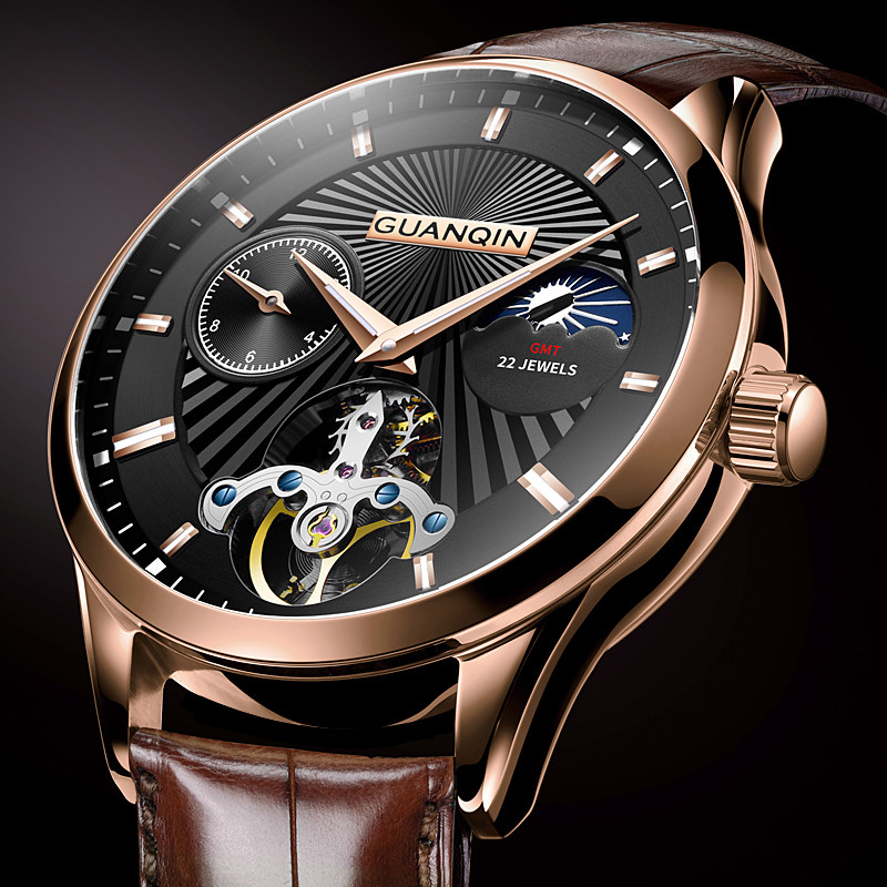 ►Guanqin watch men's automatic mechanical watch hollow flywheel fashion trend belt China famous brand men's watch