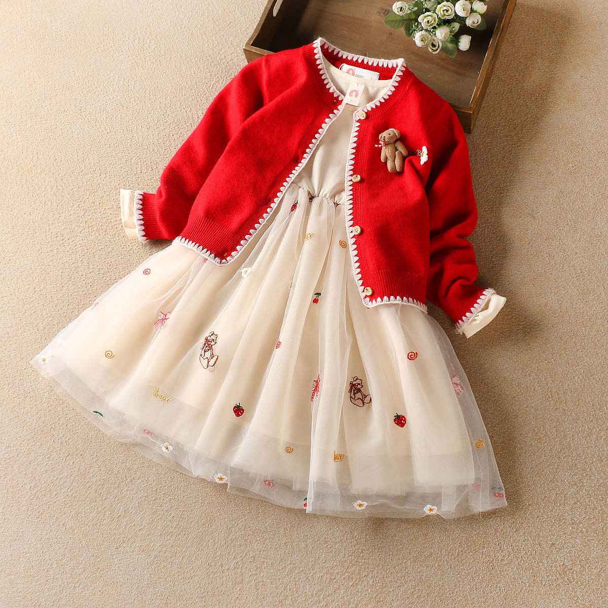 Kids Girls Princess Dress 2022 Spring Dress Kids Knitted Cardigan Red Coat Dress Little Girl Two-Piece Set