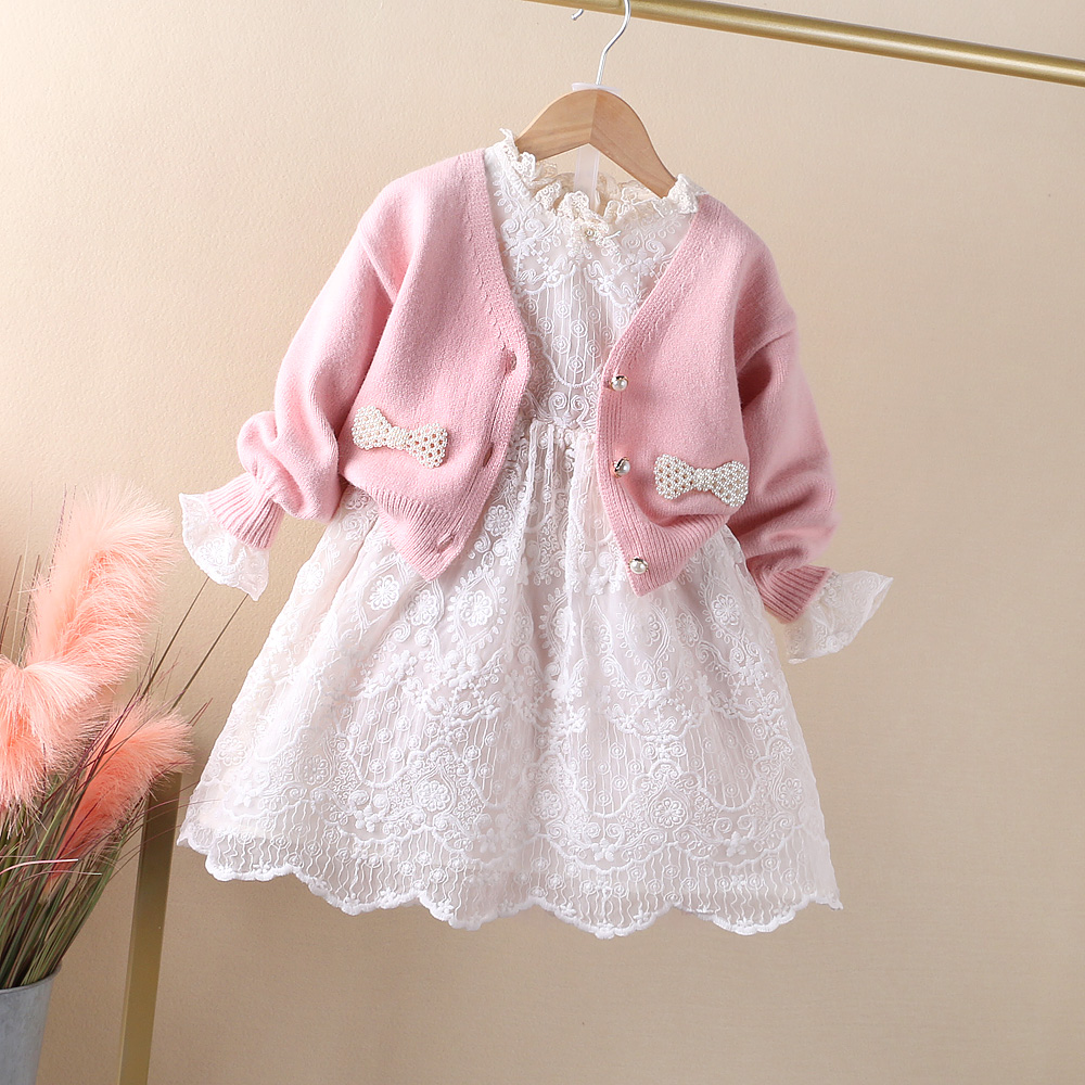 Girl Princess Dress 2022 Spring Dress New Pink Knit Cardio-hoodie Suit Skirt Children Sweet Merise Silk Dress